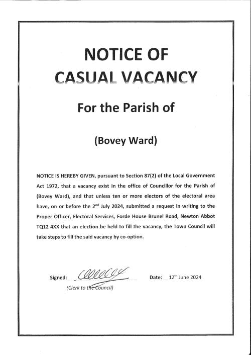 Notice of Casual Vacancy - For the Parish of Bovey Tracey image 1